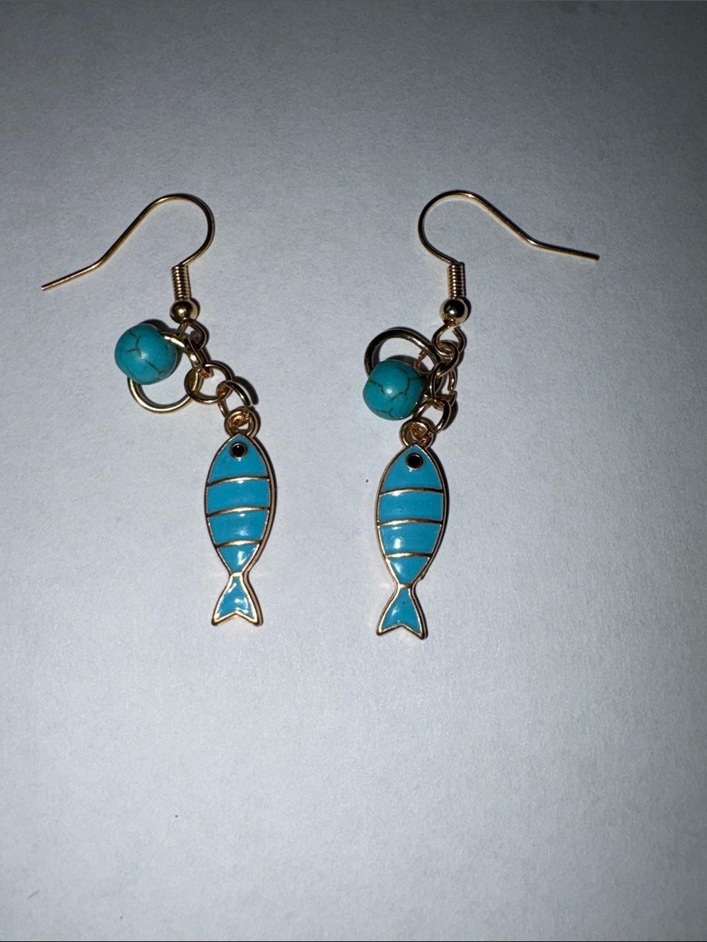 Turquoise Fish Dangle Earrings - Gold Tone by Sassy Charmer